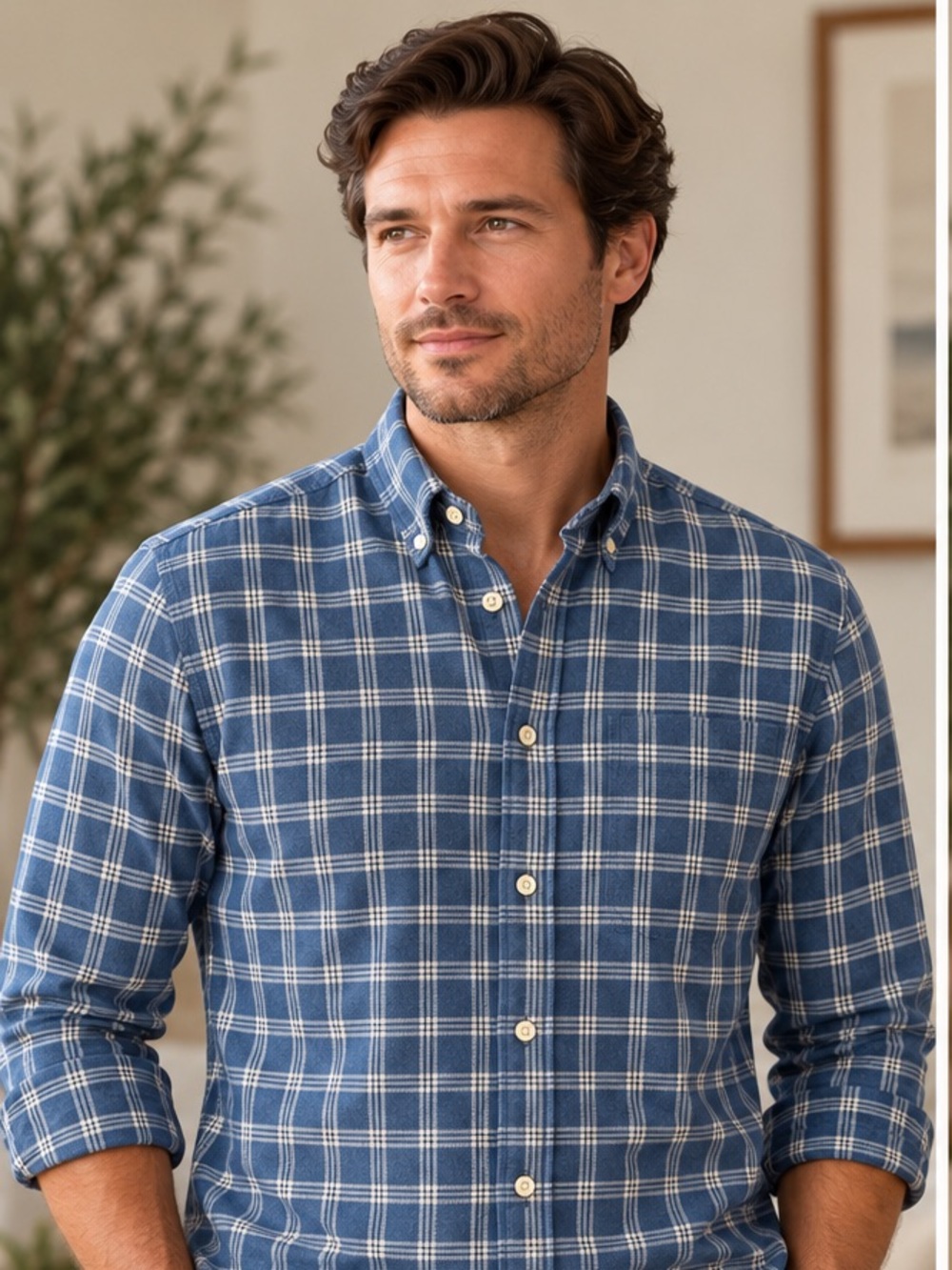Charles Tyrwhitt Men’s L Slim Fit Non-Iron Blue Windowpane 100% Cotton Shirt